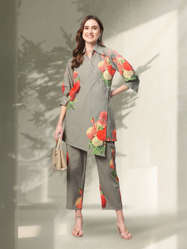 Green Botanical Printed Wraped Coordset