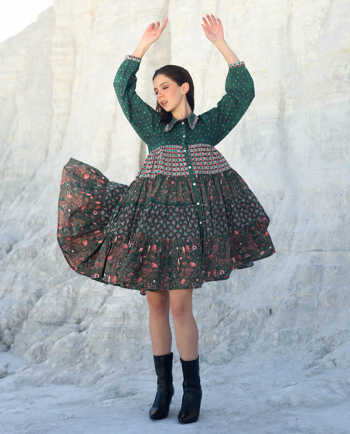 Green pineapple long sleeve tier Mini dress