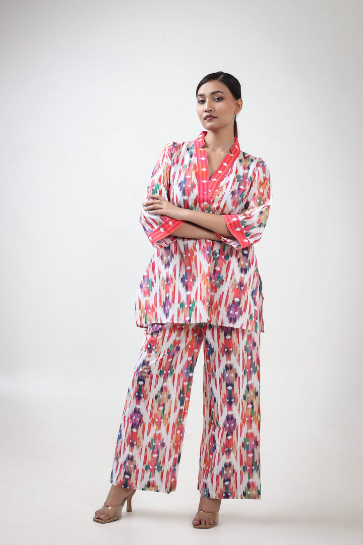 Multi colour ikat printed coordset
