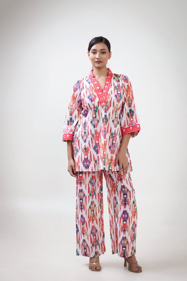 Multi colour ikat printed coordset