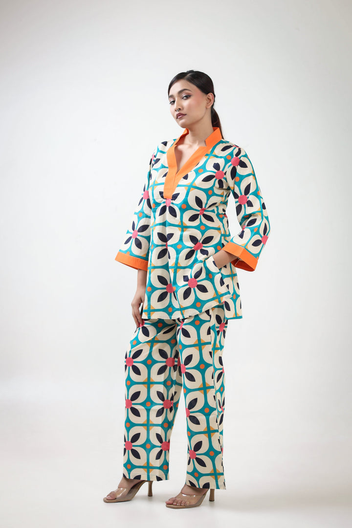 Orange geometric floral printed coordset