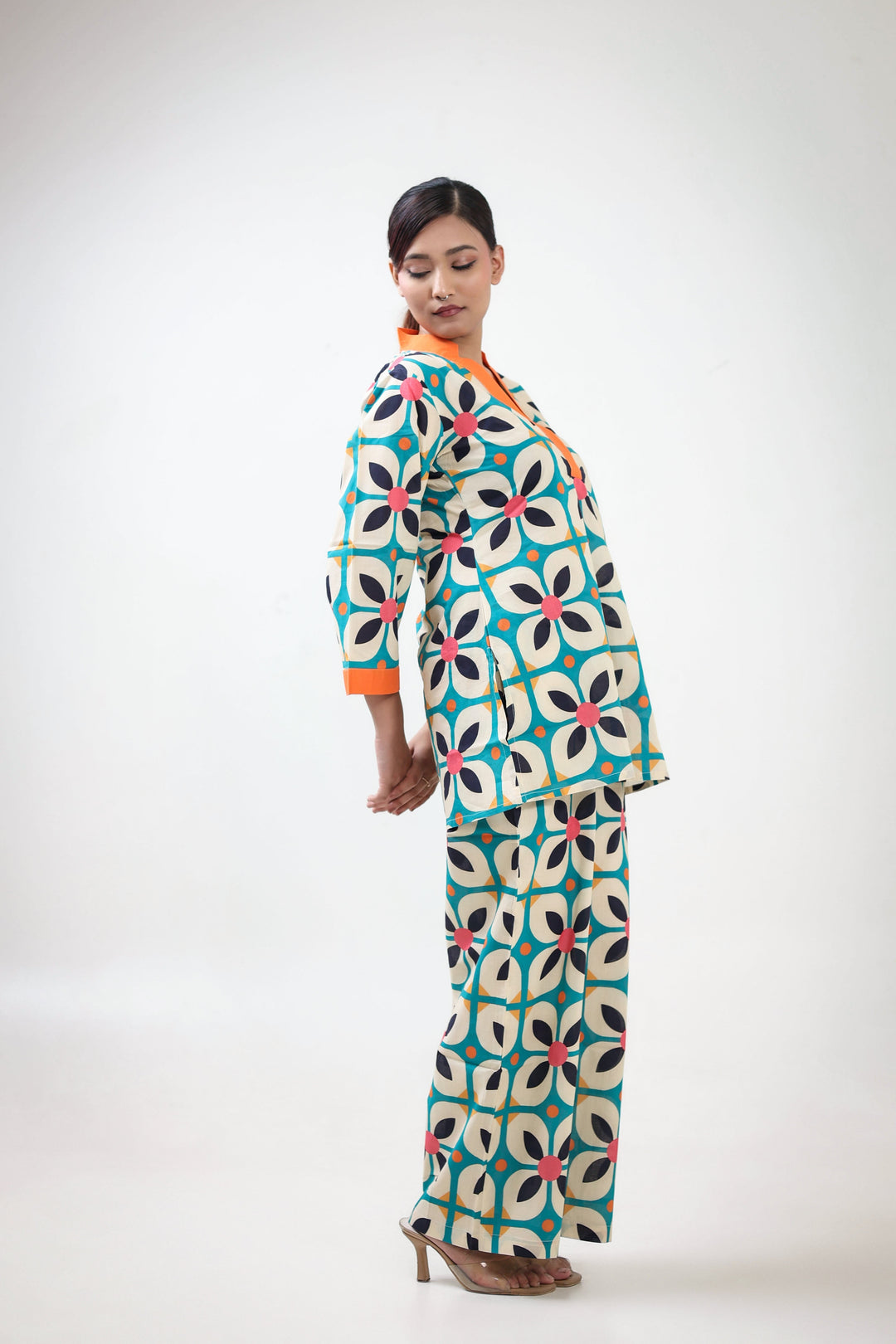 Orange geometric floral printed coordset