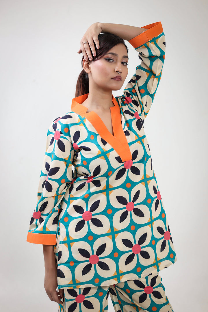 Orange geometric floral printed coordset