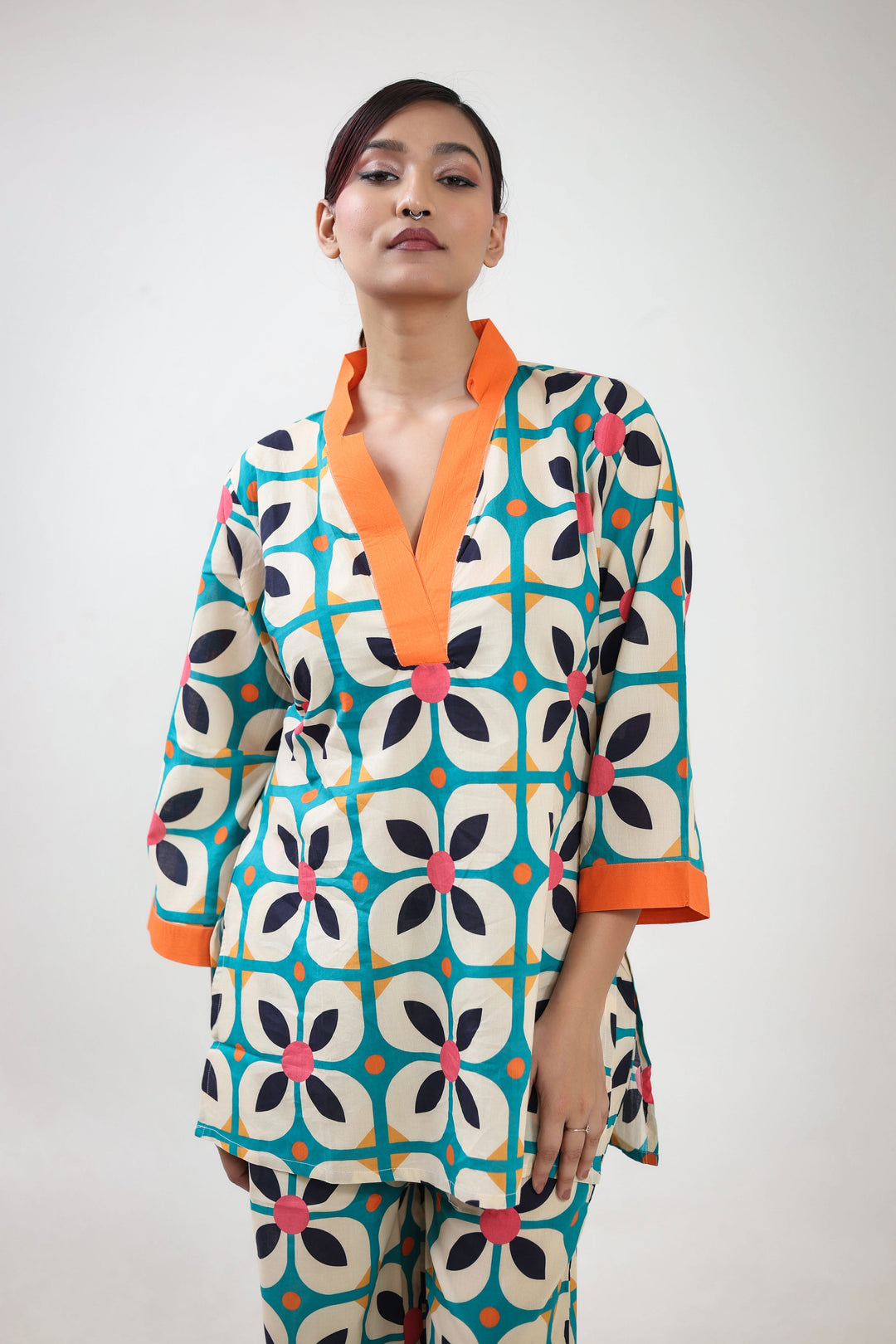 Orange geometric floral printed coordset