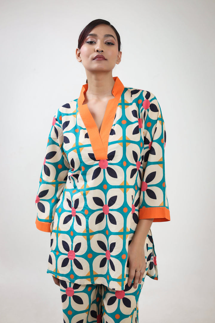 Orange geometric floral printed coordset