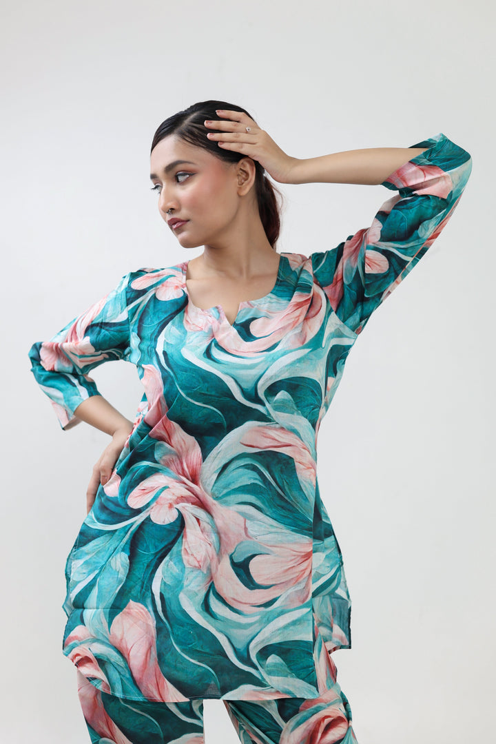 Teal waterflow printed coordset