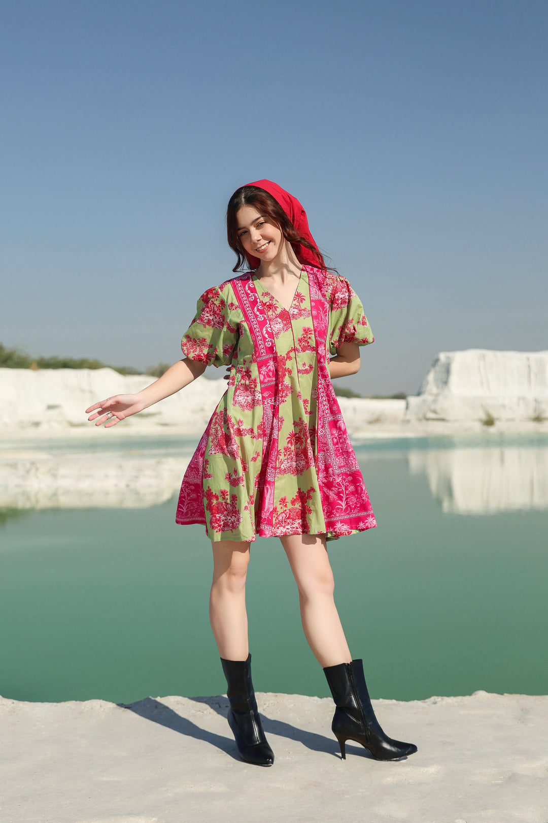 Hot summery pink green patch Mini dress