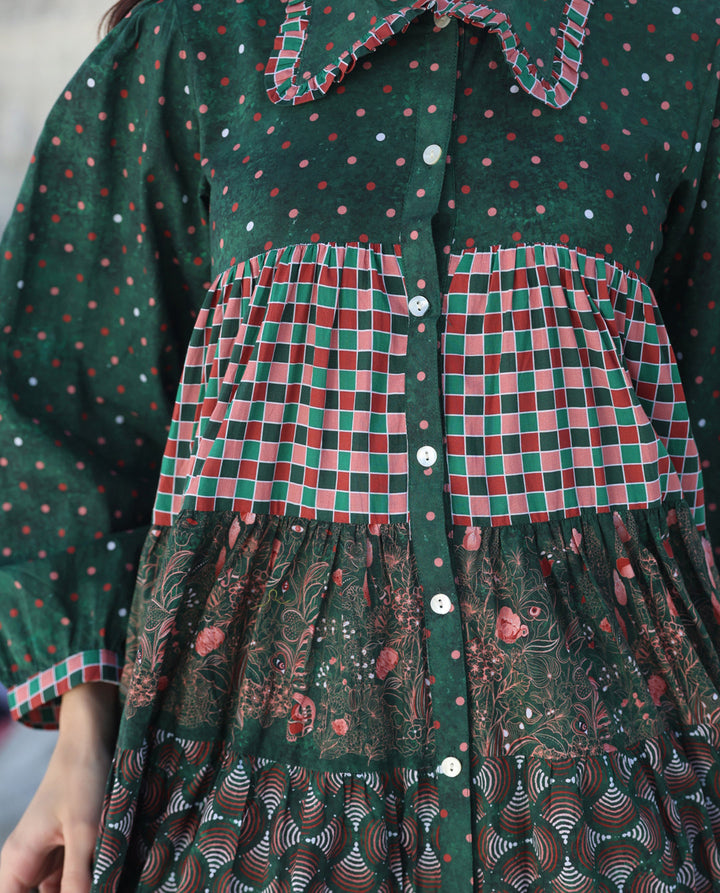 Green pineapple long sleeve tier Mini dress