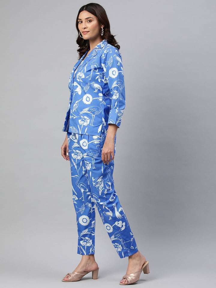 Blue Color Floral Printed Pure Cotton Three-Quarter Sleeves Co-Ords