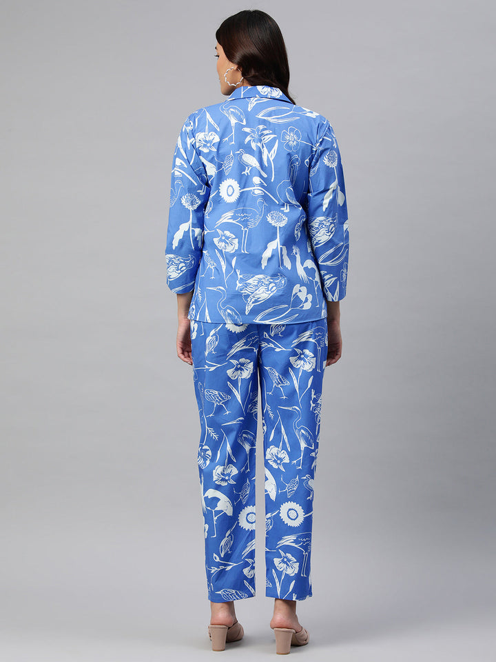 Blue Color Floral Printed Pure Cotton Three-Quarter Sleeves Co-Ords