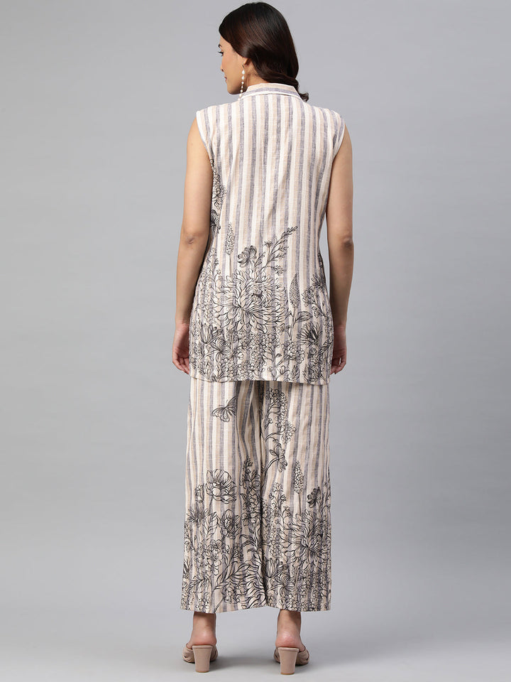 Beige Color Floral Printed Cotton Blend Sleeveless Co-Ords