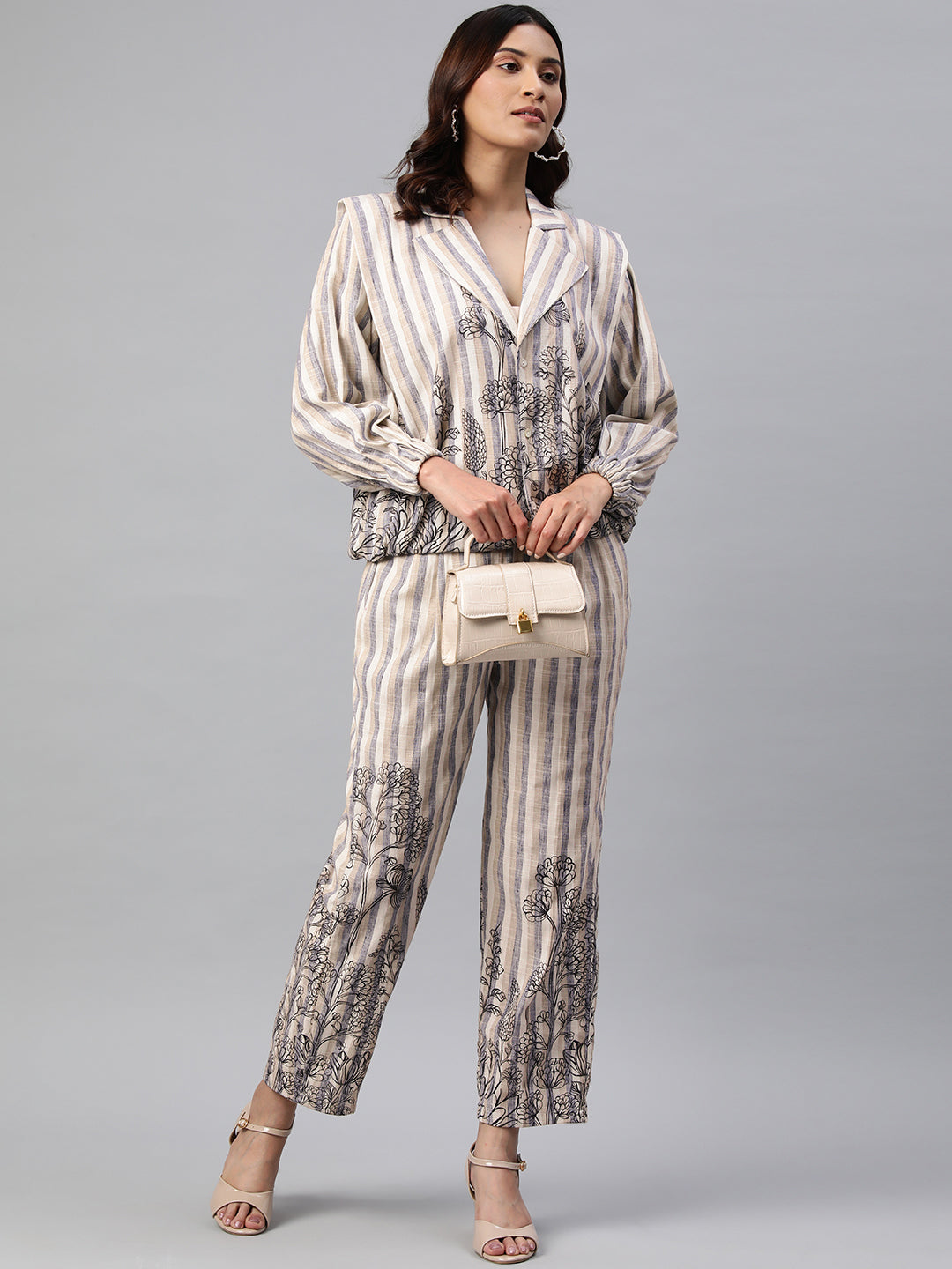 Beige Color Floral Printed Cotton Blend Long Sleeves Co-Ords