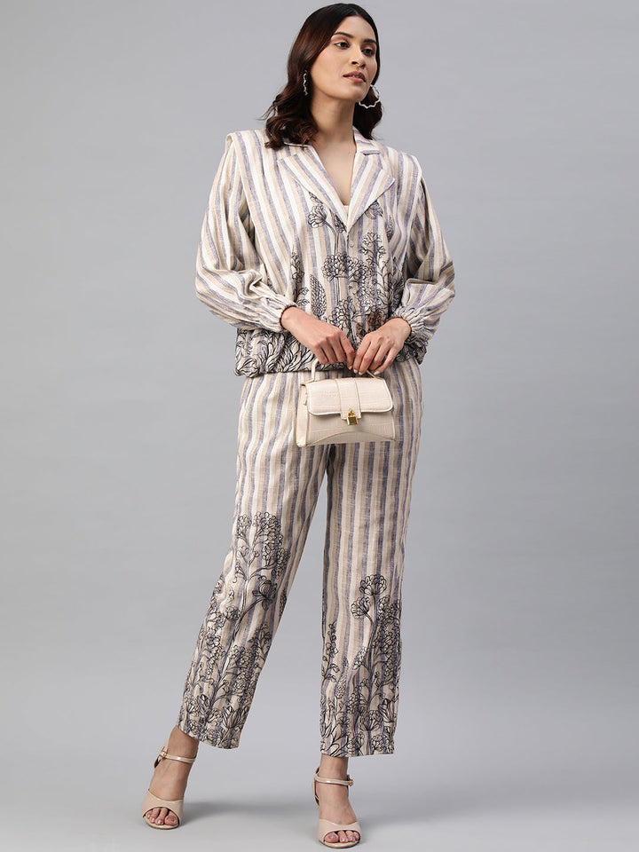 Beige Color Floral Printed Cotton Blend Long Sleeves Co-Ords