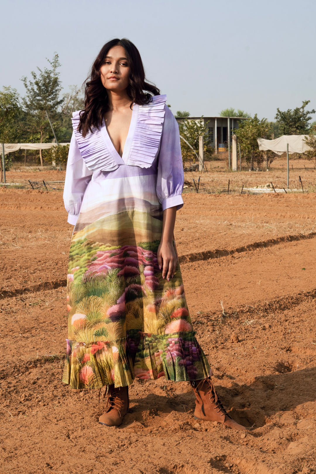 Green Wood Scape Ruffled Dress